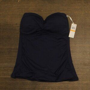 Anne Cole Womens Solid Twist Front Shirred Bandeau Tankini Swim Top Navy Blue S